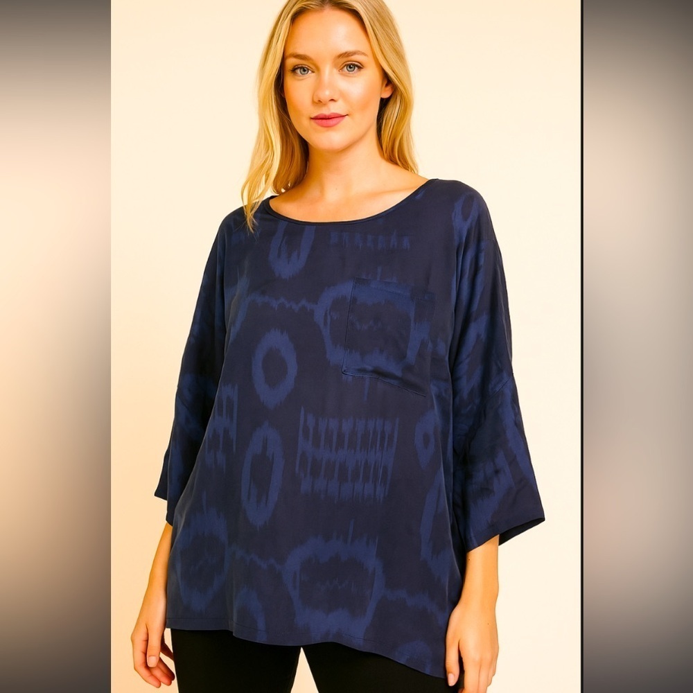 Brochu walker soft pocket printed navy blouse fall casual designer $290 boho